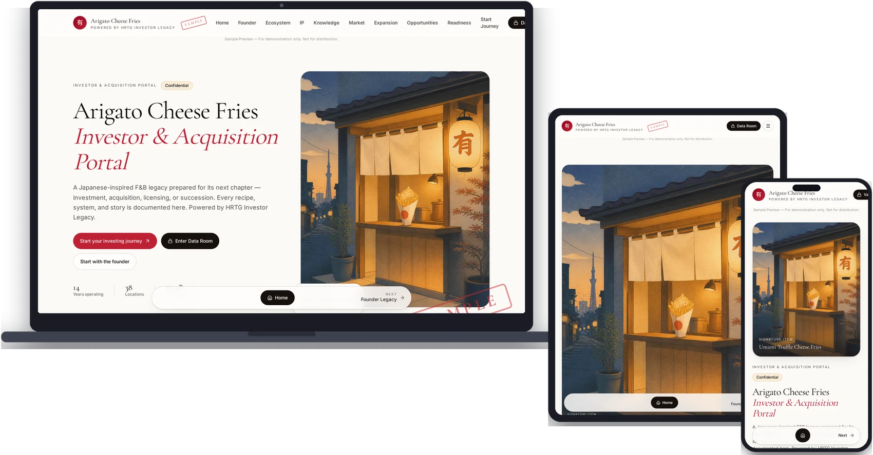 Arigato Franchise Portal homepage shown on laptop, tablet and phone