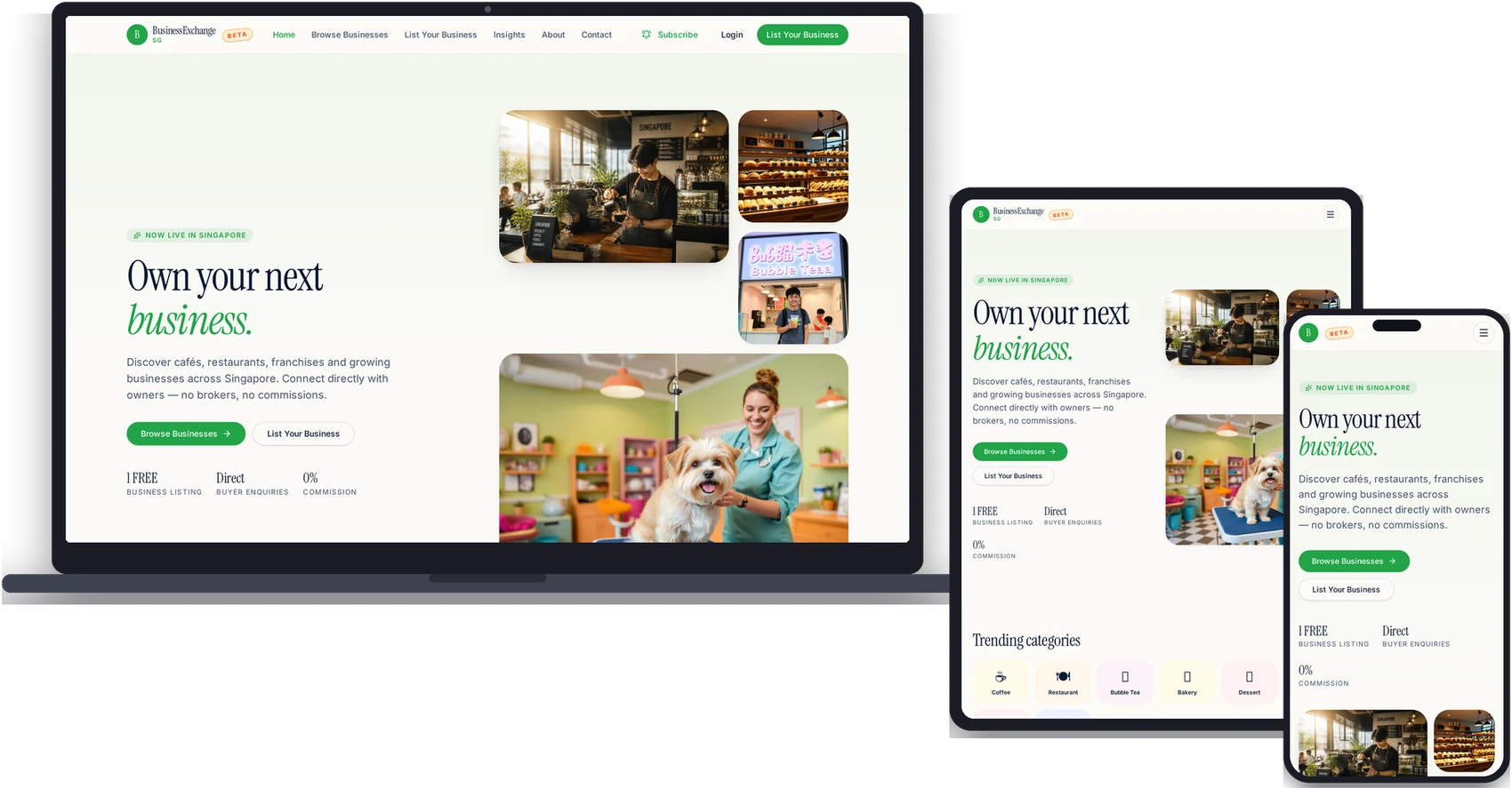 Business Exchange SG homepage shown on laptop, tablet and phone