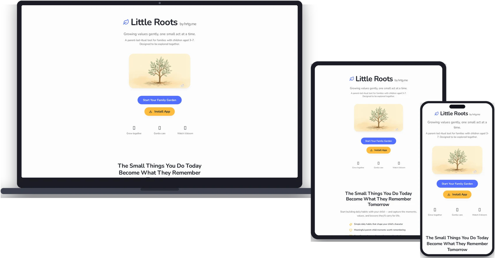 Little Roots homepage shown on laptop, tablet and phone
