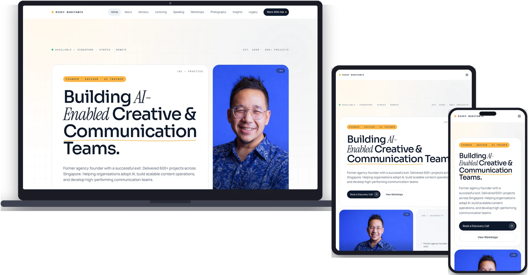 Founder’s Website homepage shown on laptop, tablet and phone