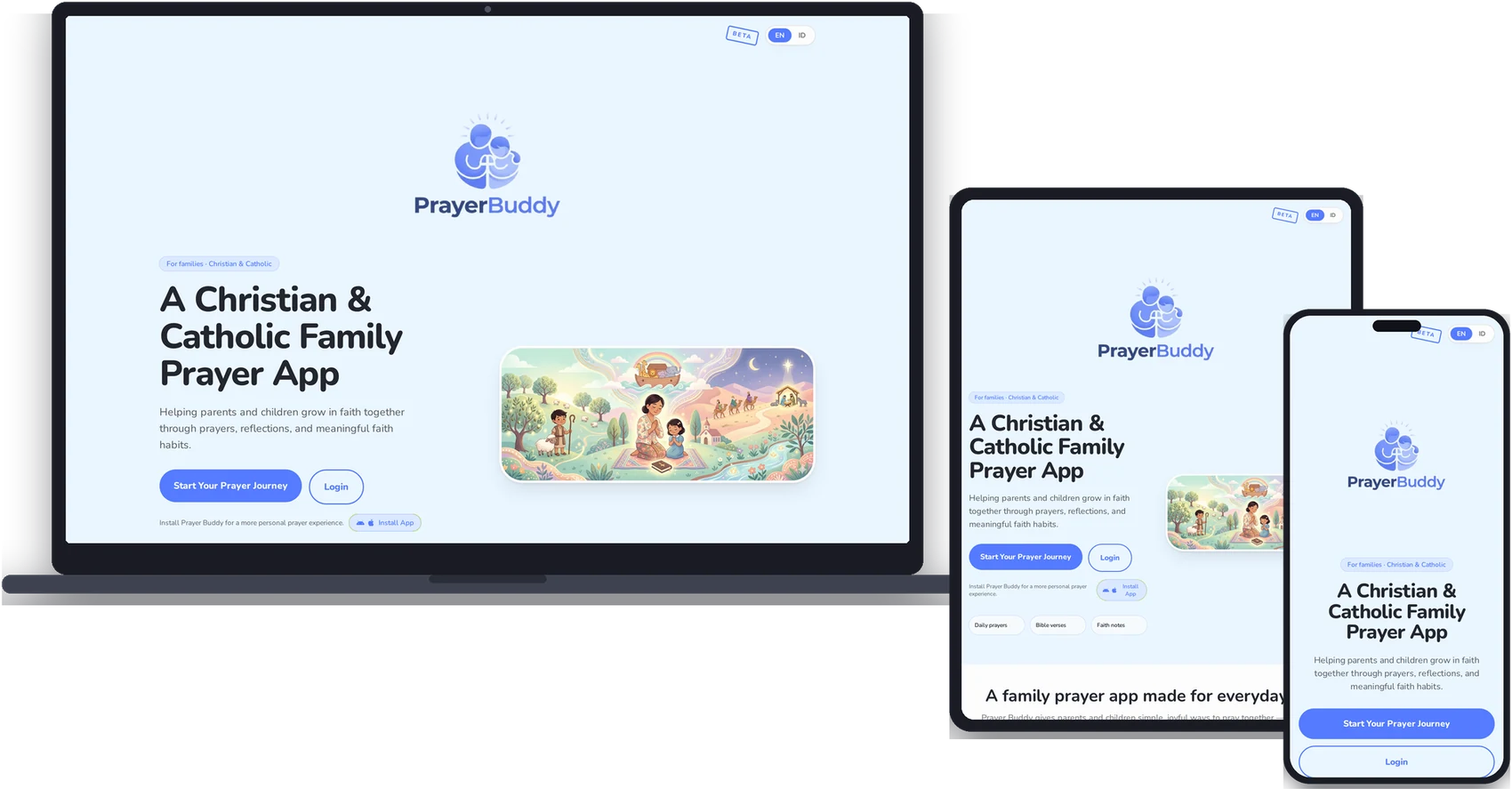 PrayerBuddy homepage shown on laptop, tablet and phone
