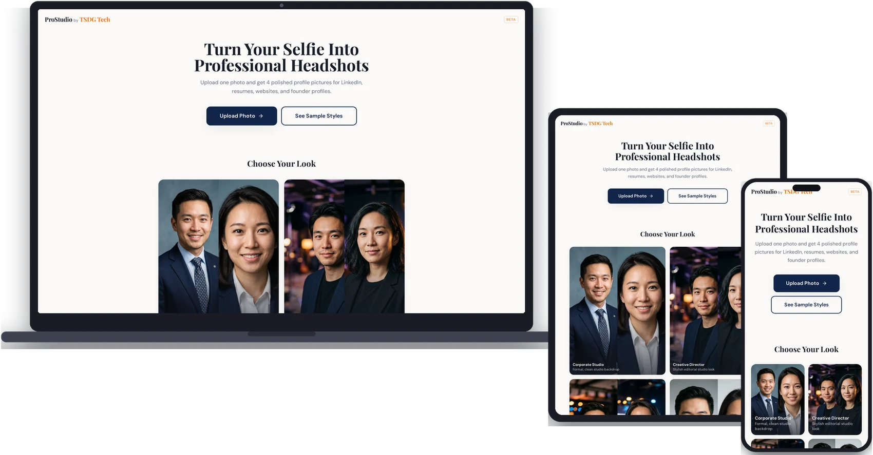 Pro Photo Studio homepage shown on laptop, tablet and phone