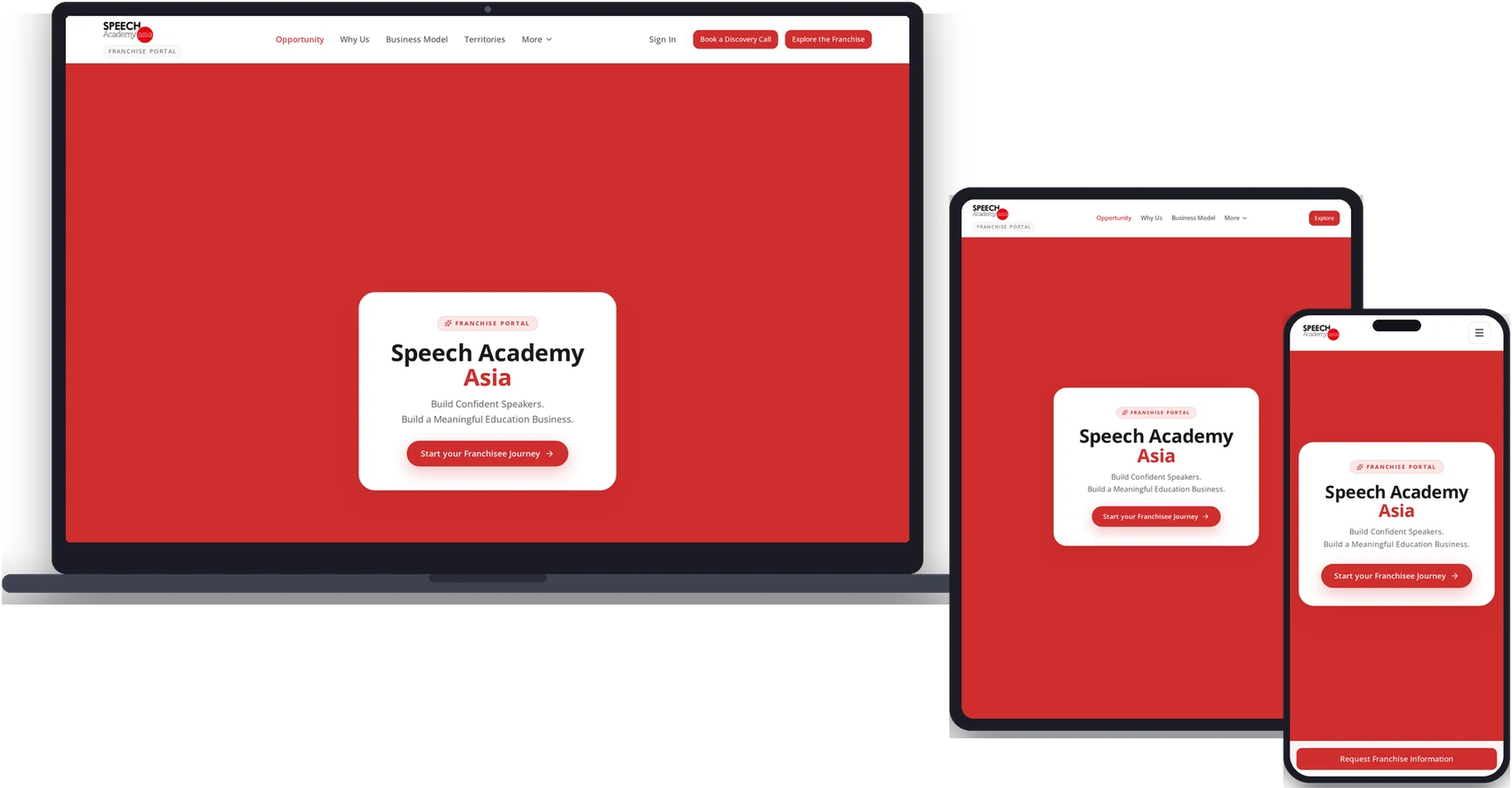 Speech Academy Asia (Franchisee Platform) homepage shown on laptop, tablet and phone