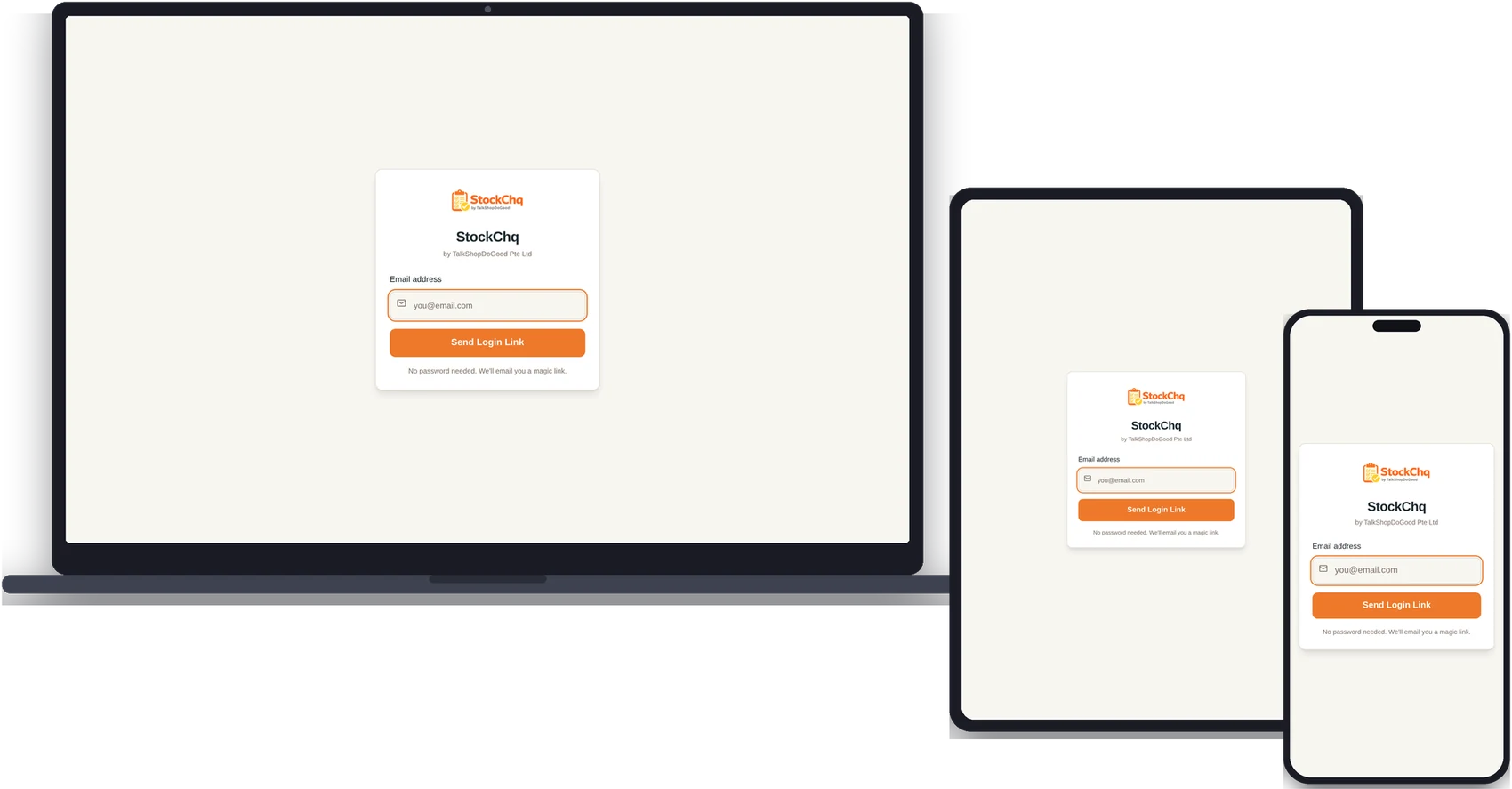 StockChq homepage shown on laptop, tablet and phone