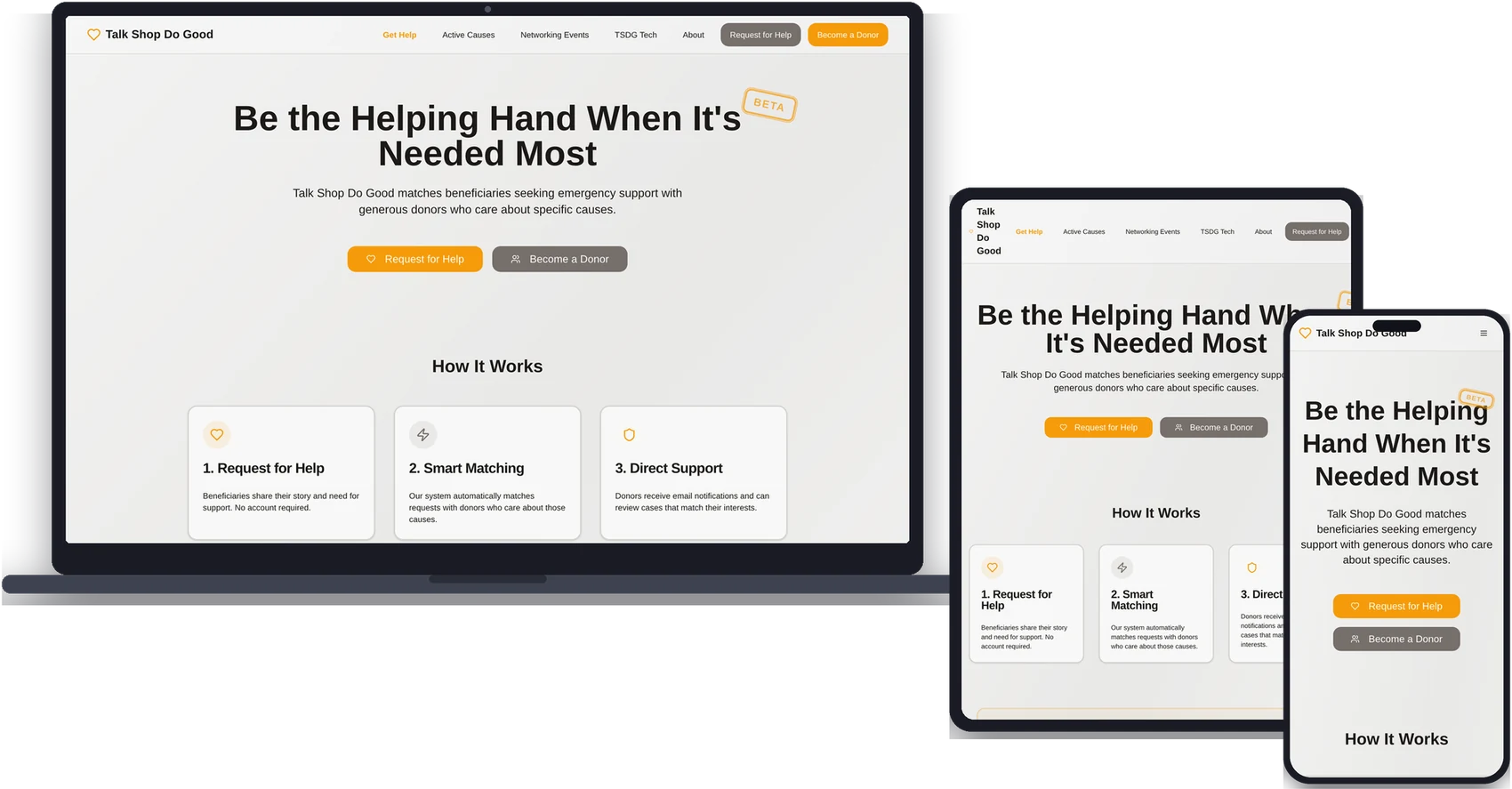 Talk Shop Do Good homepage shown on laptop, tablet and phone