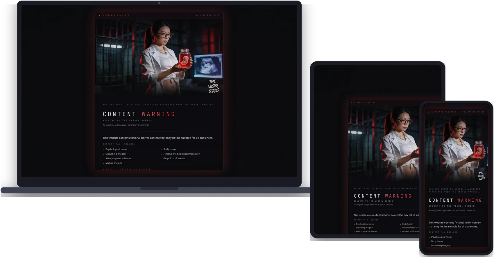 The Vessel Series homepage shown on laptop, tablet and phone
