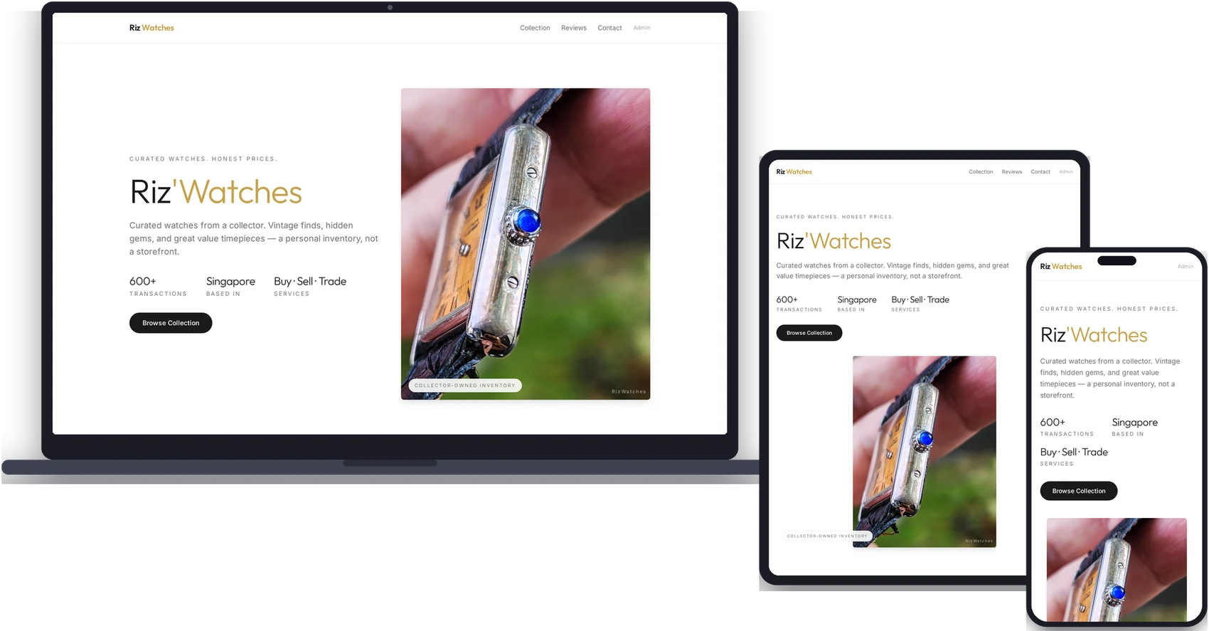 Used Watch Listing homepage shown on laptop, tablet and phone